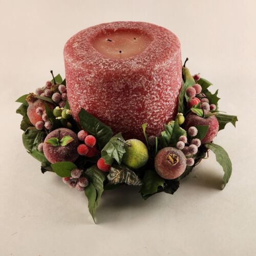 3-Wick Red Candle Centerpiece w/ Fruit Leaf Berry Wreath 6"x6" Decor