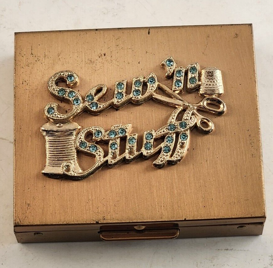 Vintage Sew 'n Stuff Gold Metal Sewing Kit Rhinestones Florida 3"