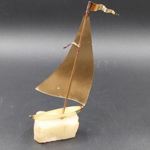 Brass Sailboat Mounted On Onyx Stone Signed John DeMott Single Sail Seagull Vtg