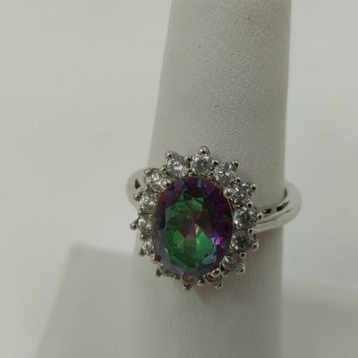 Mystic Topaz & Rhinestone Statement Ring Sz 6 Silver Tone w/ Box