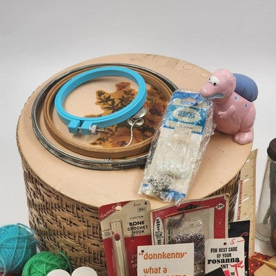 Wood & Wicker Harvey Round Sewing Basket with Miscellaneous Sewing Items Vintage