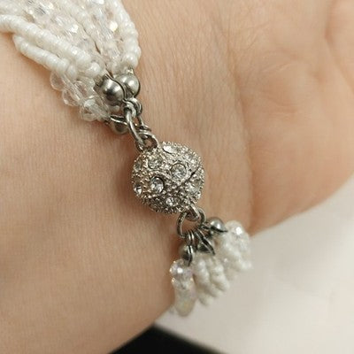 Nine Strand Clear White Small Beaded Magnetic Bracelet w Silver Tone Rhinestone