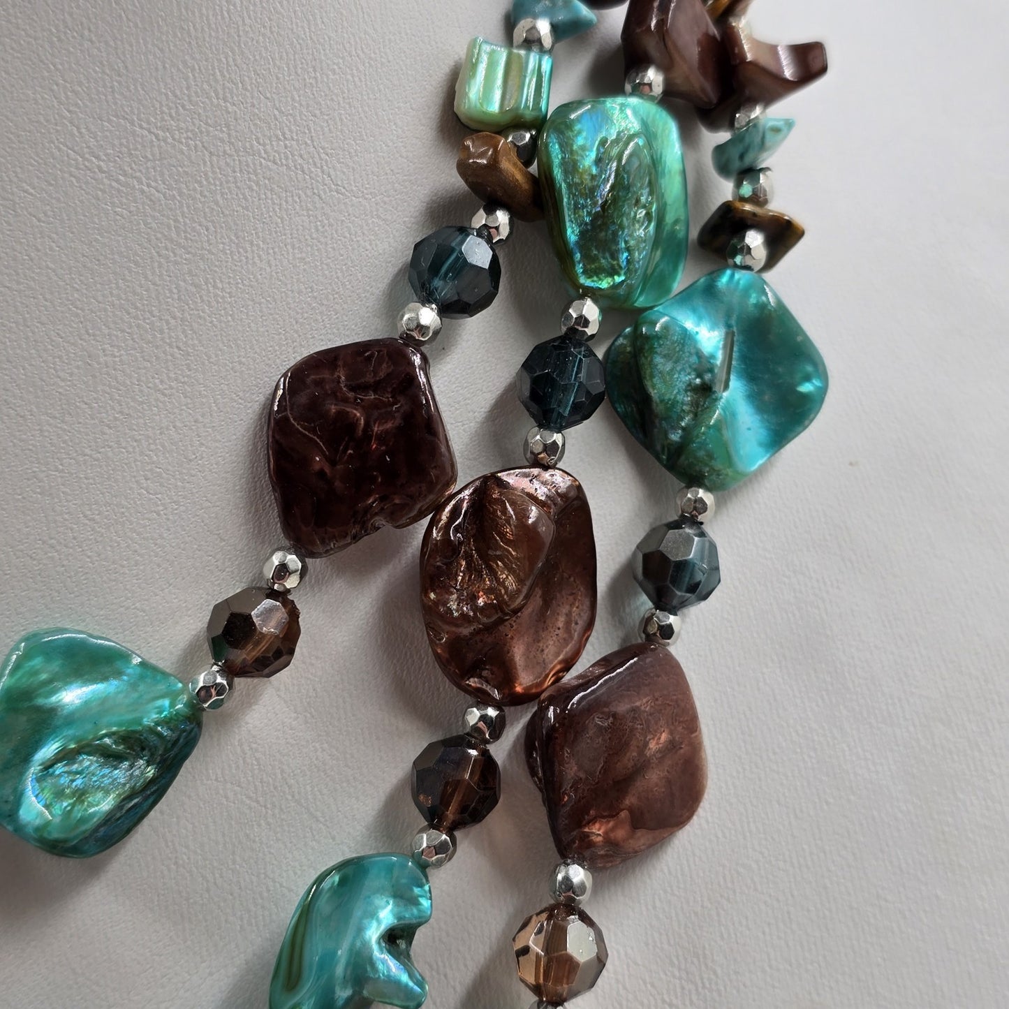 Triple Strand Necklace in Brown Turquoise Glass Beads Bohemian Silver Tone Chain