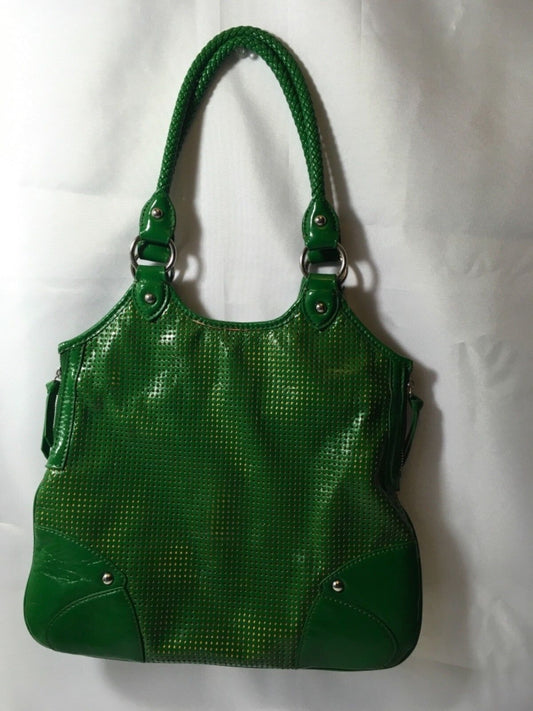 Vintage Shiraleah Laser Cut Green Yellow Dot Purse Side Zip Handbag Mod Disco