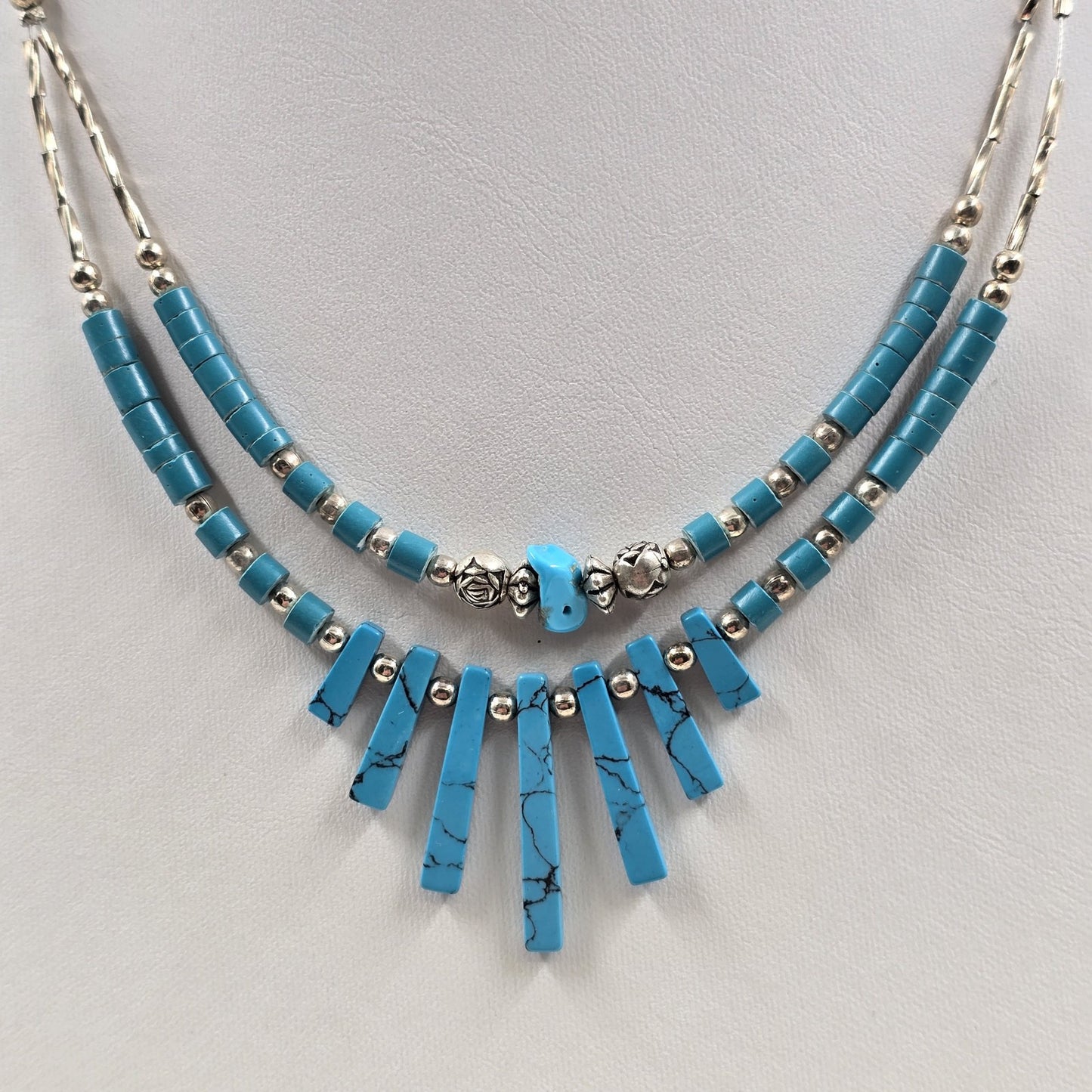 Sterling Silver Tone Faux Turquoise Fringed Bar Blue Beads Necklace 20"