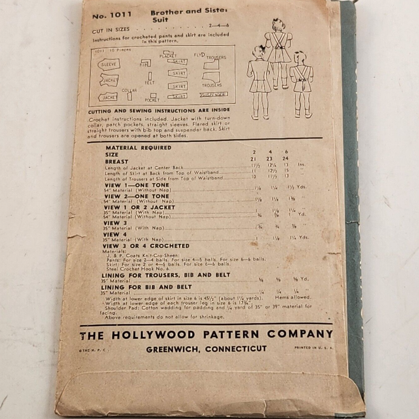 Hollywood 1011 Vintage Sewing Pattern Child's Brother And Sister Suit Size 2-6