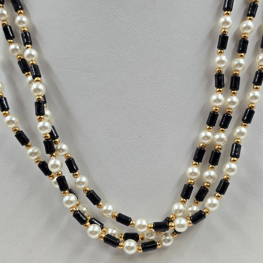 Multi Strand Necklace by Seta in Gold Tone Black Beads White Faux Pearl