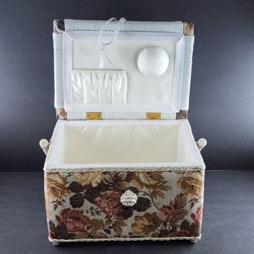 Tapestry Wicker Woven Sewing Box Basket Vintage Clear Tray Pin Cushion 11"x8"x7"