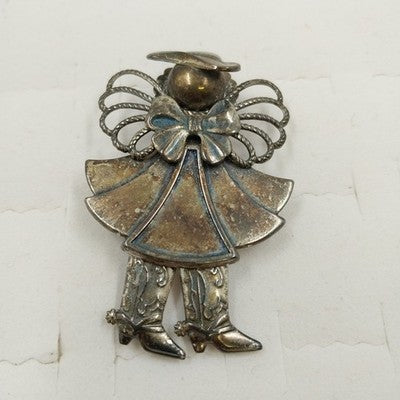 Silver Tone Cowgirl Angel Brooch Pin Western Angel w Hat & Boots 2.5" Vintage