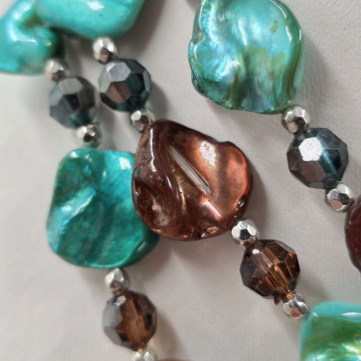 Triple Strand Necklace in Brown Turquoise Glass Beads Bohemian Silver Tone Chain