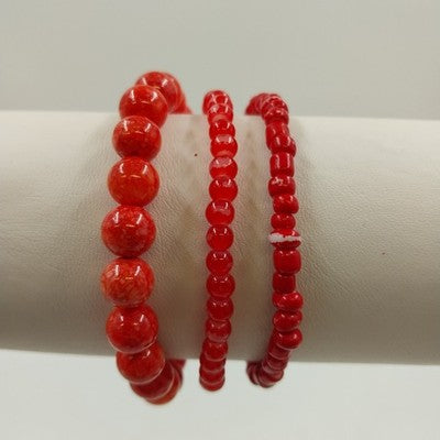 Set of 3 Orange Red Tone Small and Large Round Beads Stretchable Bracelets 6"