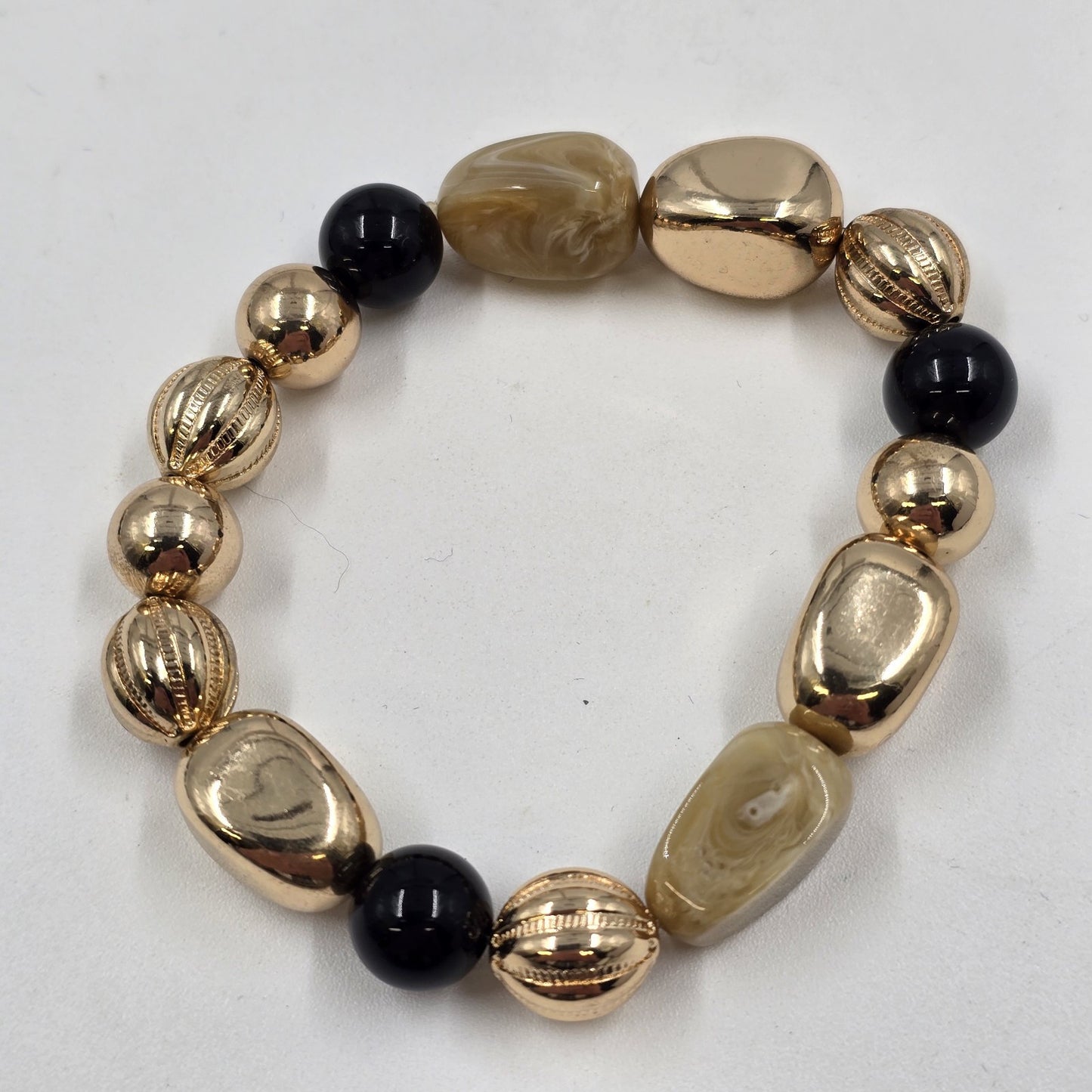 Set of 2 Stretch Bracelets Gold Tone Enamel Black Red Beige Faux Pearl Beads 7"