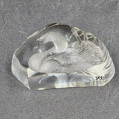 Etched Swan Paperweight Lead Crystal Glass Mats Jonasson Sweden Signed