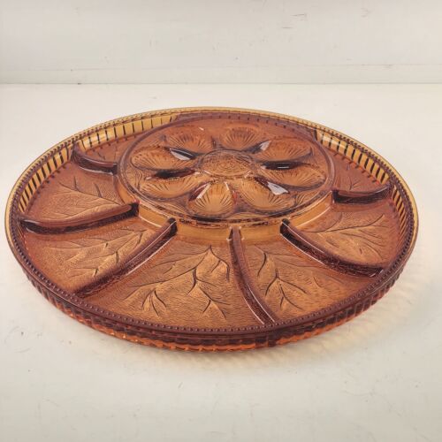 Indiana Glass Pebble Leaf Amber Egg Relish Serving Platter Vintage 12.75" Round