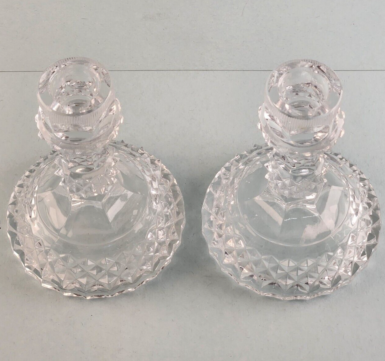 Set of 2 Clear Glass Diamond Hobnail Candlestick Holders Taper Vintage