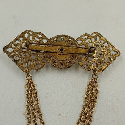 Gold Tone Filagree Metal Work & Cabochon Stone with Dangling Multi Chains Brooch