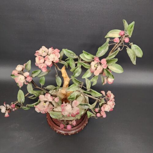 Japanese Bonsai Glass Tree Clay Pot Figurine Leaves Pink Flowers Wood Base Vtg