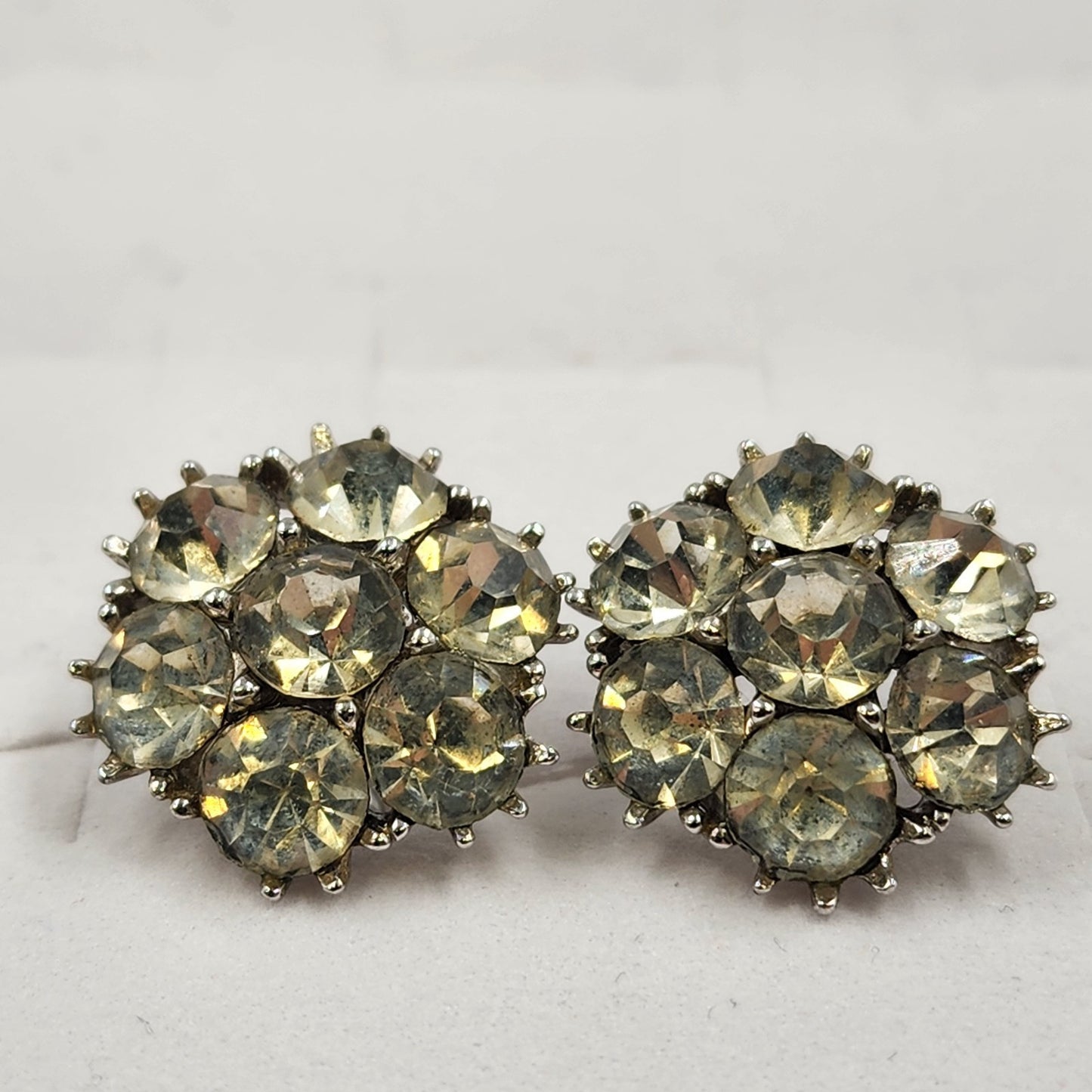 Elegant Silver Tone Clear Rhinestone Button Earrings Vintage Screw Back 0.75”