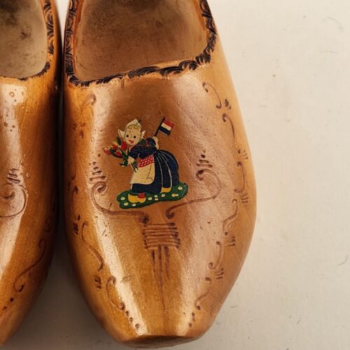 Pair Wooden Shoes Wall Hanging Small Dutch Holland Carved Planters 2 Pc 1960s