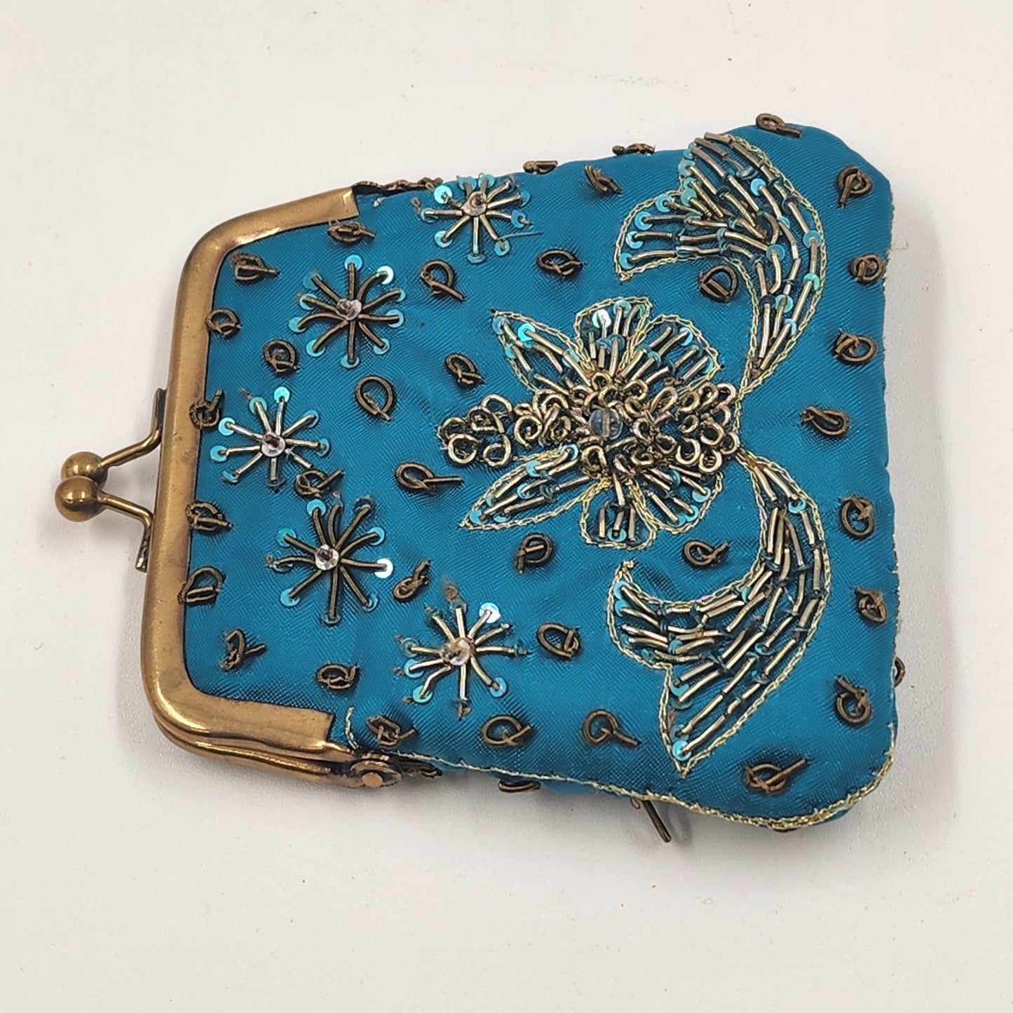 Indian Coin Purse Brass Clasp Outline Stitch Sequins and Glass Beads Vintage 4"w