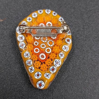 Murano Millefiori Glass Brooch Pin Orange Floral Teardrop Pin 1.25"