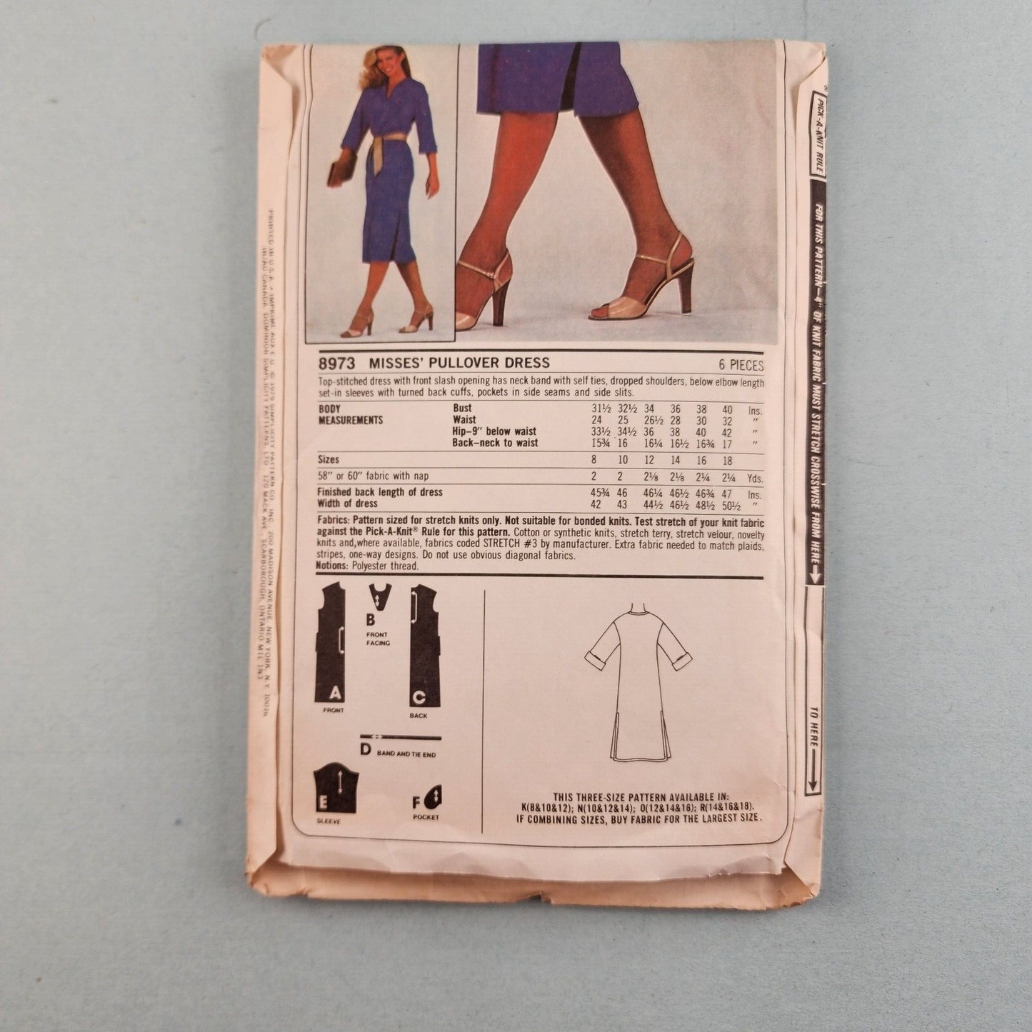 Simplicity ESP 8973 Vintage Sewing Pattern Women's Pullover Dress Size N 10-14
