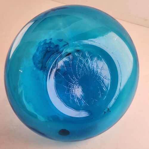 Blue Italian Glass Diamond Puff Genie Bottle Decanter Flange Vintage 8.5" x 8"