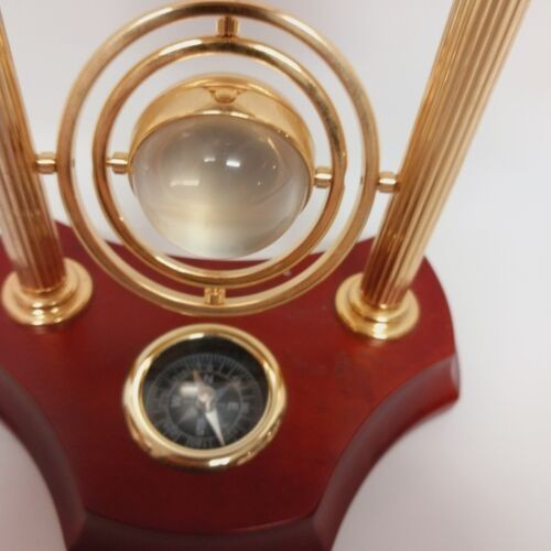 Bulova Wrexham Sphere Clock Gyroscope w Crystal Globe & Compass Wood Brass Frame