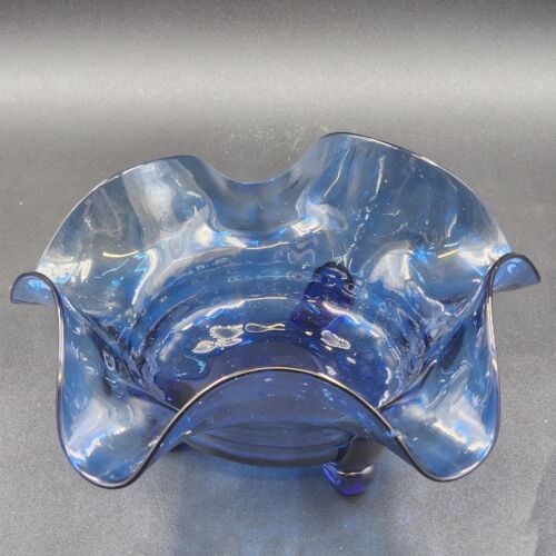 Hand Blown Blue Ruffled Glass Bowl 3 Affixed Feet 11" x 5" OOAK