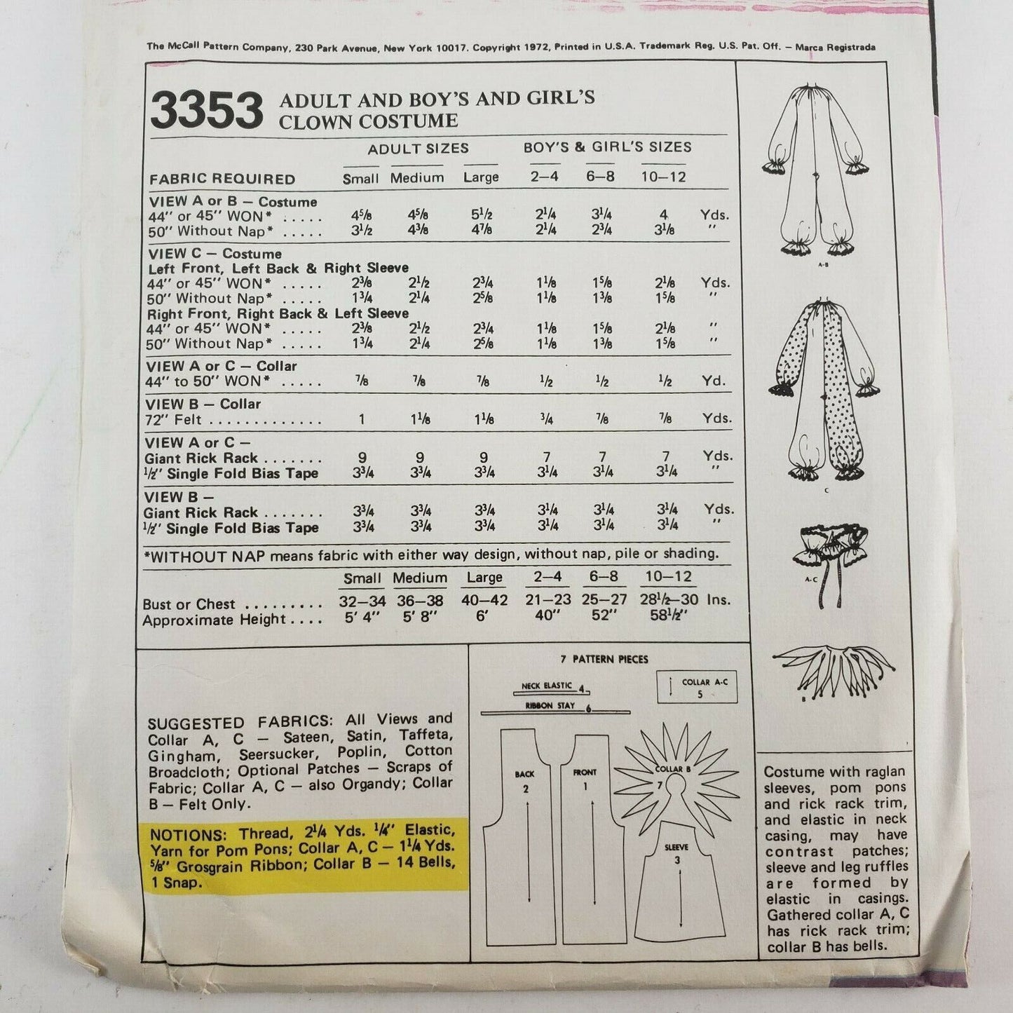 McCall's 3353 Clown Costume Sewing Pattern Toddlers Size 2-4 Cut Printed