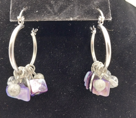 Catherines Silver Tone with Lilac Clear White Drop Dangle Beads Earrings 1"