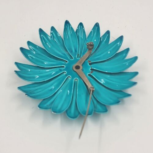 Blue Enamel Flower Brooch Vintage Metal Round Pin 3" Diameter