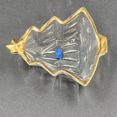 Candy Dish Christmas Tree Shaped Studio Nova Clear Crystal Gold Trim Japan 6"