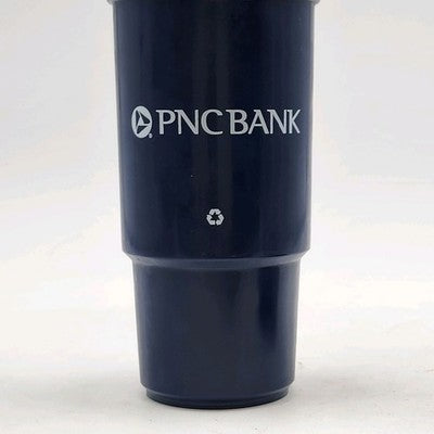 PNC Bank Lidded Insulated Coffee Cup Thermos with Sip Hole Cover Navy Blue 7"