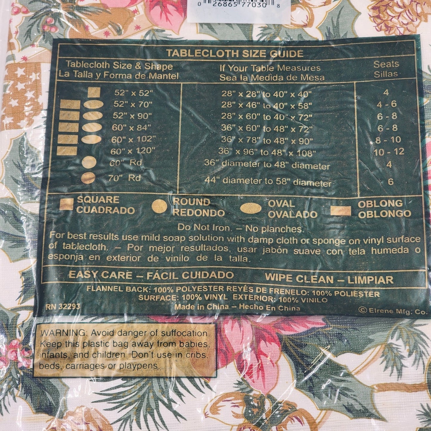 Elrene Christmas Holiday Print Oval Tablecloth Clean Vinyl Flannel Back 52"x70"