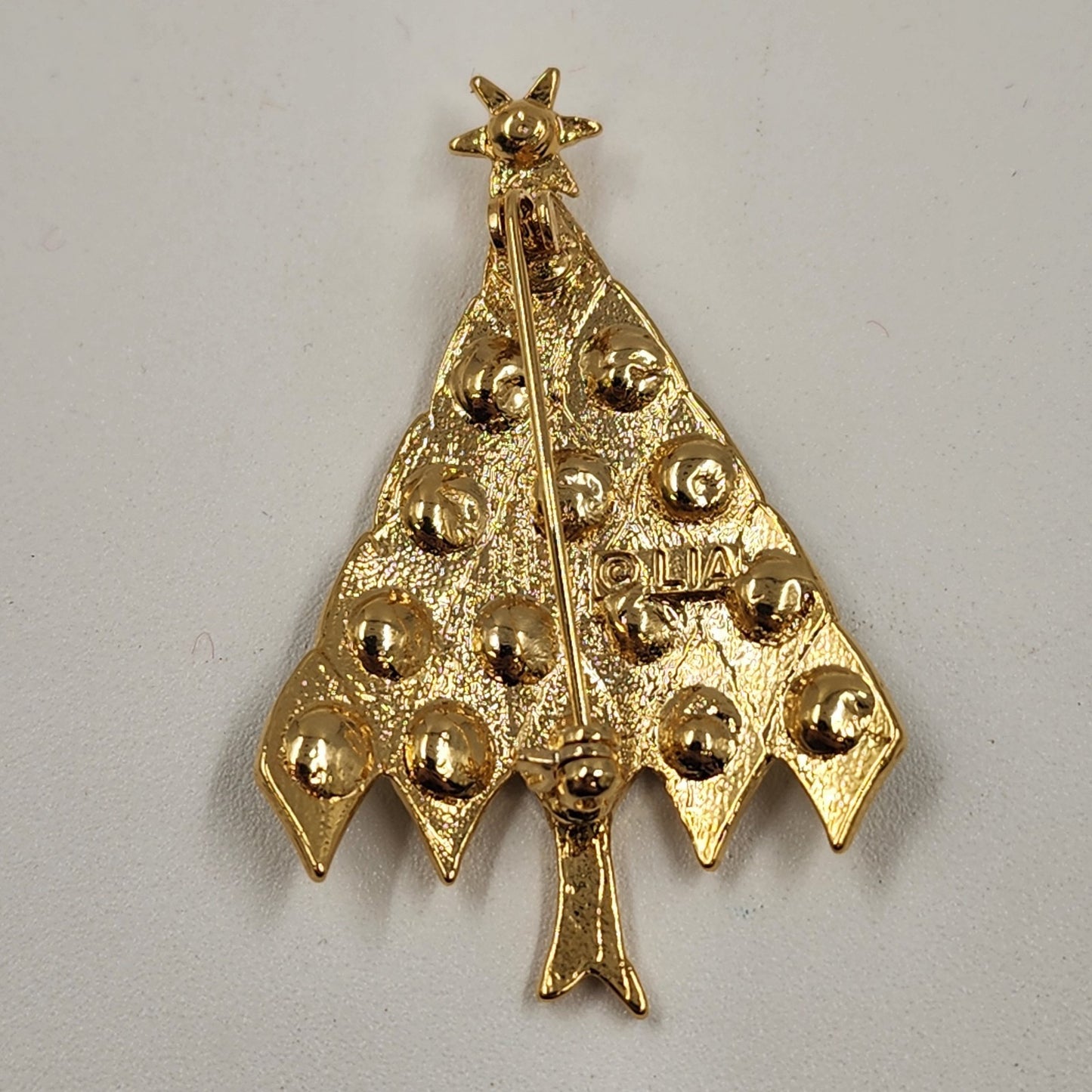 LIA Holiday Christmas Tree Gold Tone w Multicolor Rhinestone Brooch Pin 2" Vtg