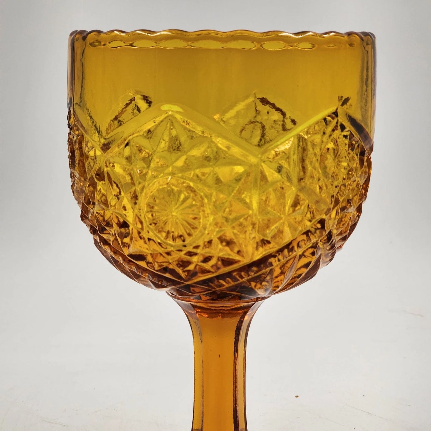 Indiana Glass Hobstar Amber Compote Goblet EAPG Pedestal 8" Vintage Scalloped