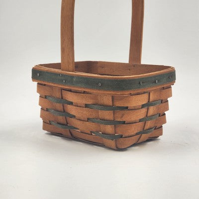 Longaberger Handwoven Basket Green Stripes Vintage 1993 Wood Handle 7"x5"