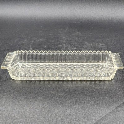 Clear Glass Relish Tray Dish X Pattern Ribbed Sawtooth Edges Handles 10" Serving
