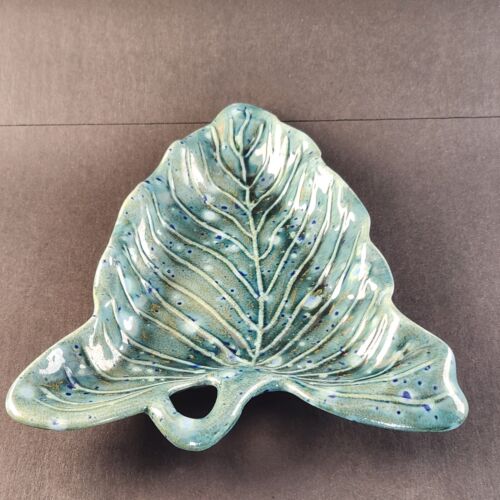 Ken Ocorr Pottery Aqua Blue Green Leaf Shell Trinket Dish Nut/Candy Bowl 10" L