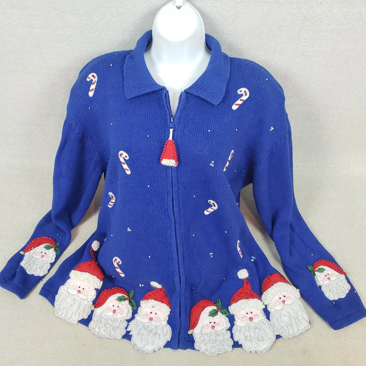 Heirloom Cardigan Sweater Christmas Collectibles 1XL Blue Santa Candy Cane 2004