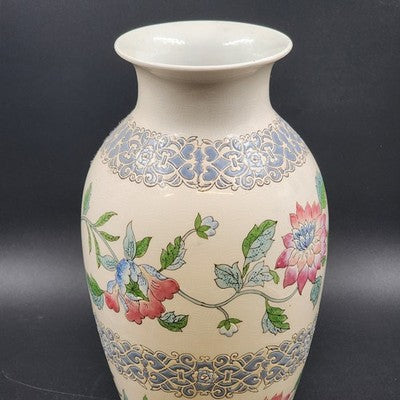 Large Macau Urn-Style Vase – Hand-Painted Pink & Blue Floral Design – 15" x 8" Vintage Oriental-Inspired Home Décor