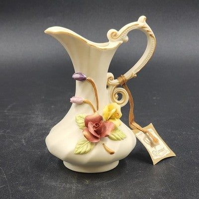 Arnart Antique Ivory Bisque Porcelain Vase Pitcher Raised Multicolor Roses 5"