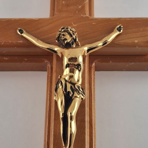 Vintage Crucifix Wooden Wall Hanging Candle Box Cross Catholic Religious Brass