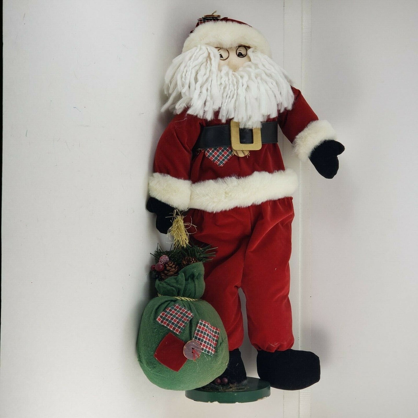 Red Velvet Santa Standing Faux Fur White Block Santa Figure Handmade Art Craft