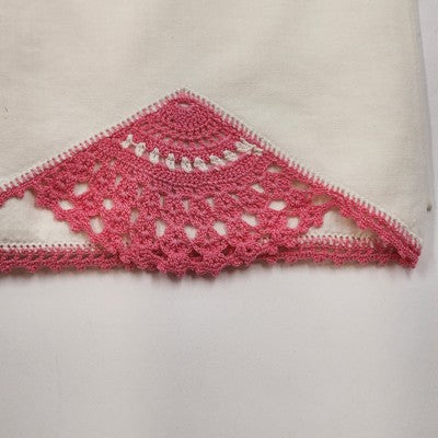 Queen Size Linen Bed Pillow Cases Hand Crocheted Pink Turn of the Century 32.5"