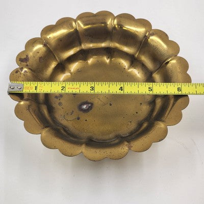 Art Deco Ornate Three-Footed Brass Round Bowl Scalloped Edge Vintage 6.75"