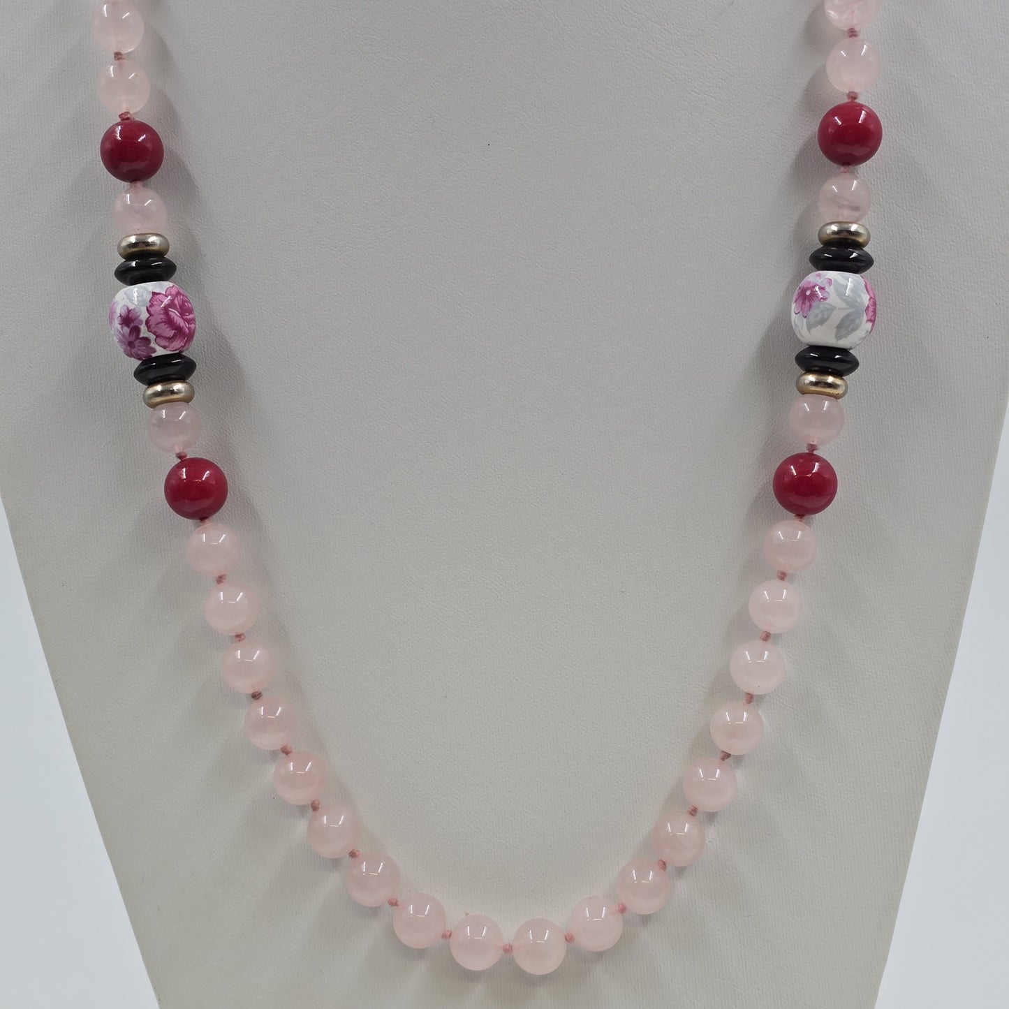 Pale Pink Glass Beads with Multicolor Bead Accents Floral Motif Necklace Jewelry
