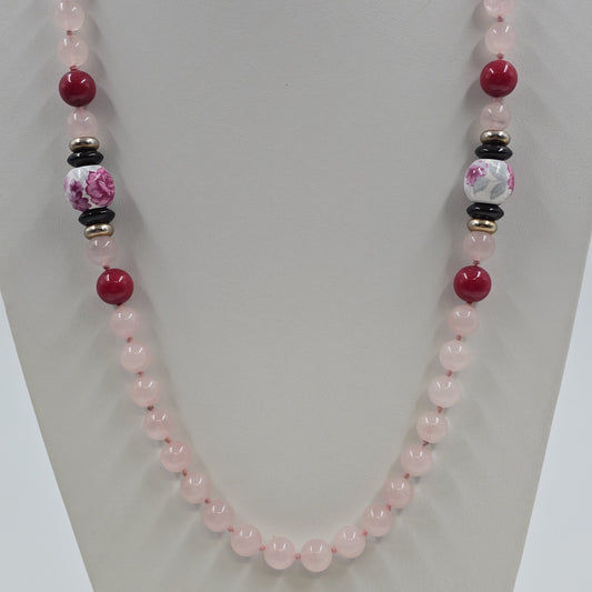 Pale Pink Glass Beads with Multicolor Bead Accents Floral Motif Necklace Jewelry