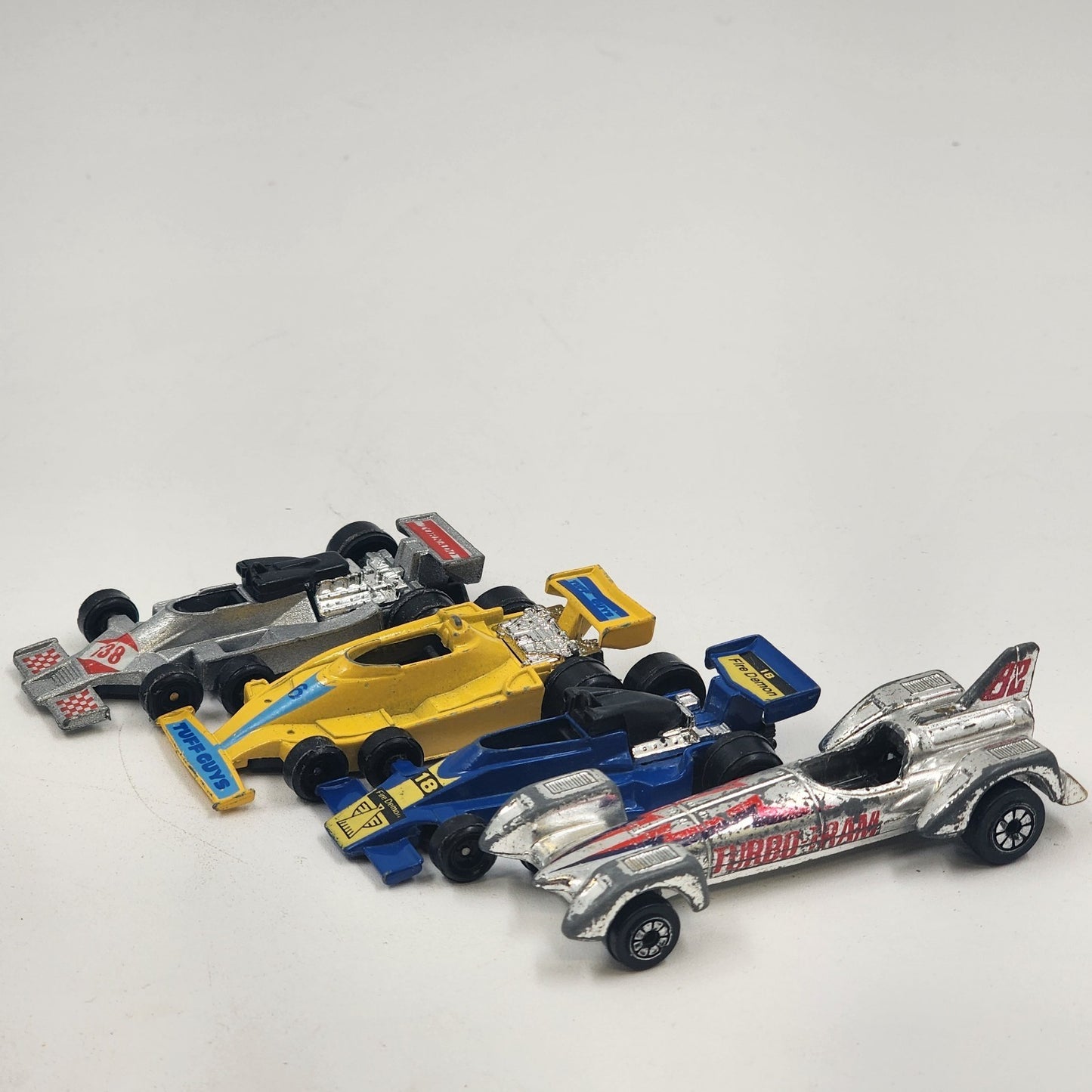 4 Hot Wheels Racer Cars Turbo Tram #82 Tuff Guys #6 Fire Demon #18 Tornado #138